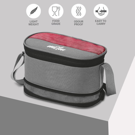 MILTON Triple Decker Stainless Steel Lunch Box (2 Oval Container, 675 ml & 450ml; 2 Leak Proof Round Container, 280 ml; Spoon & Fork) with Insulated Jacket, Red | Tiffin | Food Grade | Easy to Carry