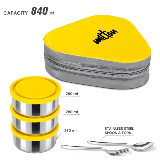 MILTON Triyum Stainless Steel Tiffin, 3 Container, 280 ml Each, with Jacket, Spoon & Fork, Yellow | Lunch Box | Food Grade | Odour Proof | Light Weight | Hygienic