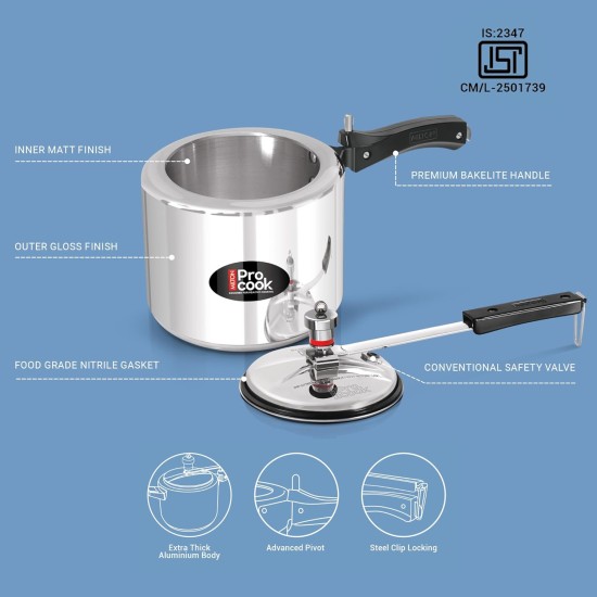 Milton Pro Cook Aluminium Non Induction Pressure Cooker With Inner Lid, 3 litre, Silver | Hot Plate Safe | Flame Safe