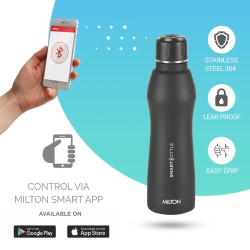 MILTON Euroline Smart Stainless Steel Water Bottle, 880 ml, Black | Leak Proof | Easy Grip | Mobile Hydration System | Bluetooth Enabled | Smart Lid