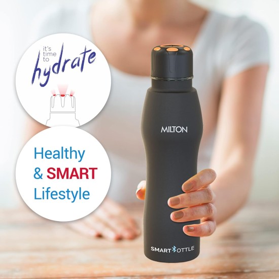 MILTON Euroline Smart Stainless Steel Water Bottle, 880 ml, Black | Leak Proof | Easy Grip | Mobile Hydration System | Bluetooth Enabled | Smart Lid