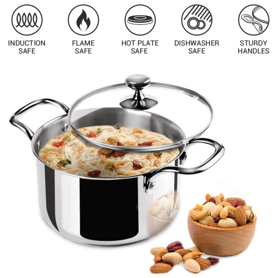 MILTON Pro cook Stainless Steel Casserole with Glass Lid, 14 cm/1.2 Litre, Silver | Induction Safe | Flame Safe | Hot Plate Safe | Dishwasher Safe | Sturdy Handles