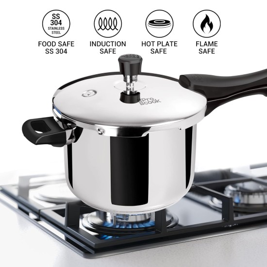 Milton Pro Cook Triply Stainless Steel Pressure Cooker With Outer Lid, 5 litre, Silver | 5 Years Warranty | Dishwasher Safe | Food Safe | Induction Safe | Hot Plate Safe | Flame Safe