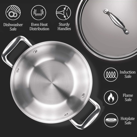 MILTON Pro cook Triply Stainless Steel Kadhai with Lid, 22 cm / 2.2 Litre- Silver| 3 Years Warranty