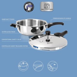 Milton Pro Cook Pressure Cooker Triply Stainless-Steel Deep Pan with Outer Lid, 4.5 Litres, Induction Bottom and Gas Stove Compatible, 5 Years Warranty, Silver