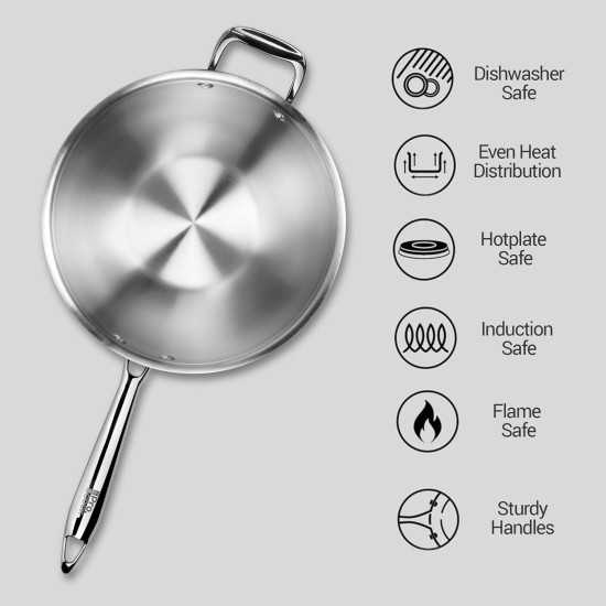 MILTON Pro cook Triply Stainless Steel Induction Wok, 26 cm, 3.87 litres, Silver | 3 Years Warranty | Hot Plate Safe| Flame Safe | Dishwasher Safe