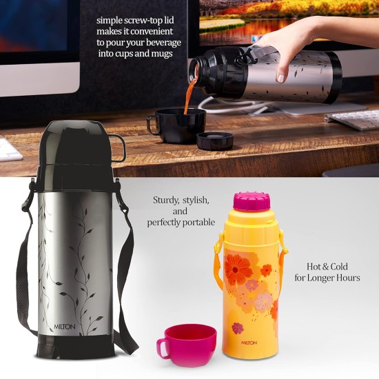 Milton Eiffel 1000 Vacuum Insulated Thermos Flask with Strap to Carry, 910 ml, 24 Hours Hot & Cold Water Bottle for Office, Hiking, Trekking, Travel, Black