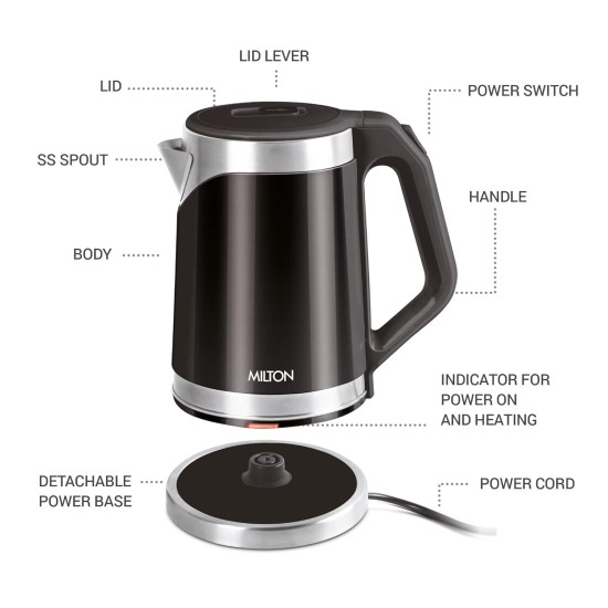 Milton Euroline Vienna Electric 1.8 Stainless Steel Electric Kettle, 1 Piece, 1.8 Litre, Black, Power Indicator, 1500 Watts, Double Walled, Auto Cut-off