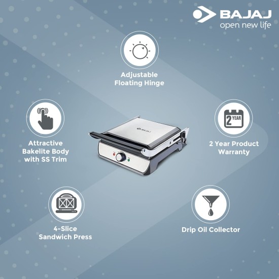 Bajaj Majesty Grill Ultra 2000W 4-Slice Grill Sandwich Maker | 180� Open Grill | Adjustable Hinge & Temperature Control | Non-Stick Coated Plate | Drip Oil Collector | 2-Yr Warranty by Bajaj | Black