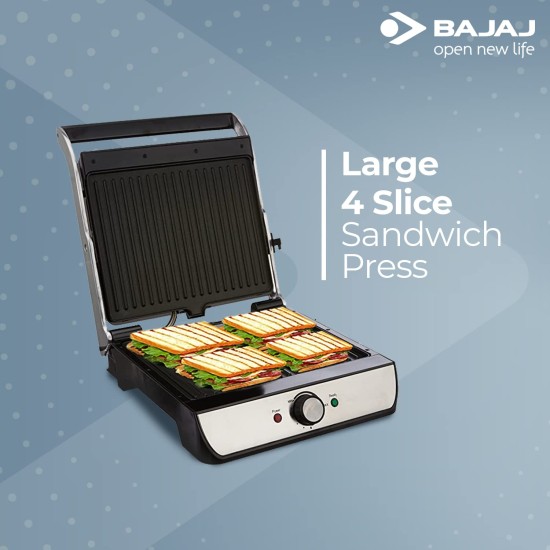 Bajaj Majesty Grill Ultra 2000W 4-Slice Grill Sandwich Maker | 180� Open Grill | Adjustable Hinge & Temperature Control | Non-Stick Coated Plate | Drip Oil Collector | 2-Yr Warranty by Bajaj | Black