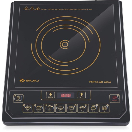 Bajaj Popular Ultra 1400W Induction Cooktop with Pan Sensor and Voltage Pro Technology, Black, Radiant