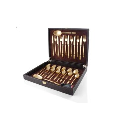 FNS Bianca 26 Pcs Gold Plated Premium Cutlery Set in Beautiful Leatherette Box Packaging (6 Dinner Spoon, 6 Dinner Fork, 6 Teaspoon, 6 Dinner Knives & 2 Serving Spoons)