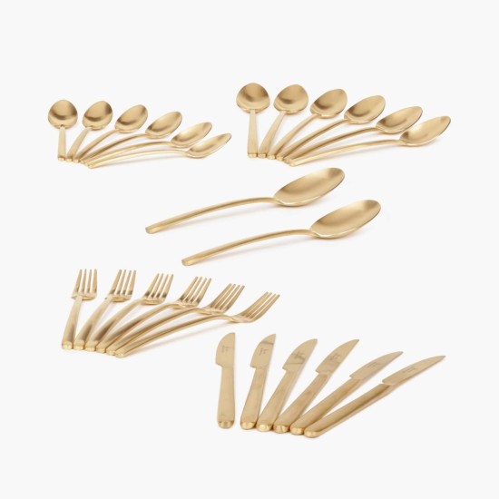 FNS Bianca 26 Pcs Gold Plated Premium Cutlery Set in Beautiful Leatherette Box Packaging (6 Dinner Spoon, 6 Dinner Fork, 6 Teaspoon, 6 Dinner Knives & 2 Serving Spoons)