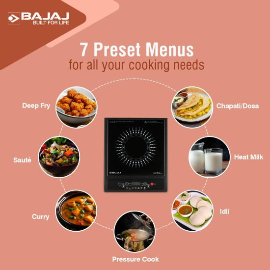 Bajaj Splendid 120TS 1200 Watts Induction Cooktop With Tact Switch | Stove Comes With 7 Pre-Set Menus | Digital Led Display | 1 Year Warranty | Black & White