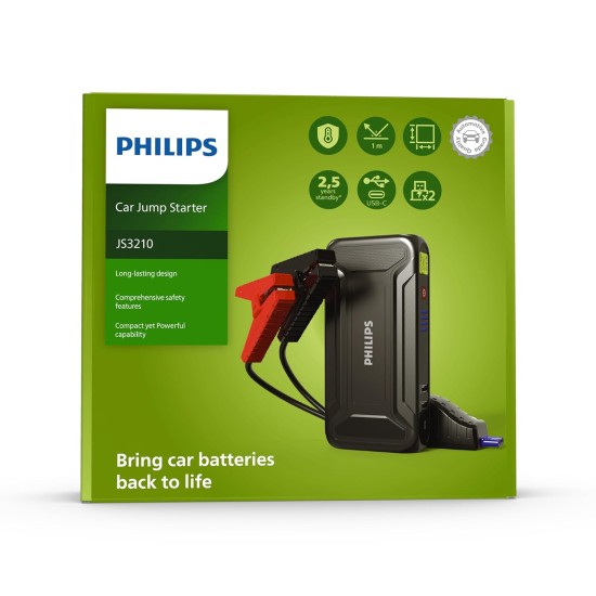 Philips Car Jump Starter JS3210 | Compact Design | Compatible with 4.0L Petrol Engine, 3.0L Diesel Engine and Two Wheeler | 9900mAH