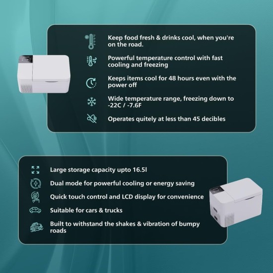 Philips Automotive Car Thermal Box Tb5101,16.5 L Car Refrigerator,12/24V Dc Car Fridge,Freezer With Compressor,Electric Cooler For Car Truck Rv Road Trips Travel & Home Use-5 Star,Frost Free,White