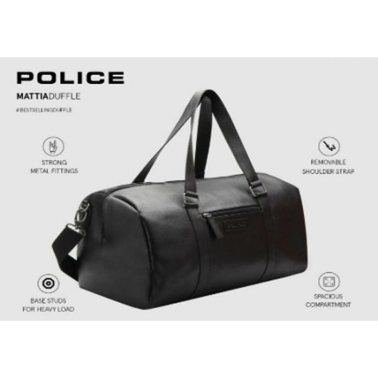 POLICE Unisex Mattia Black Vegan Leather 50 LTR. Weekender Travel Duffle Bag for Business and Casual Use for Men and Women