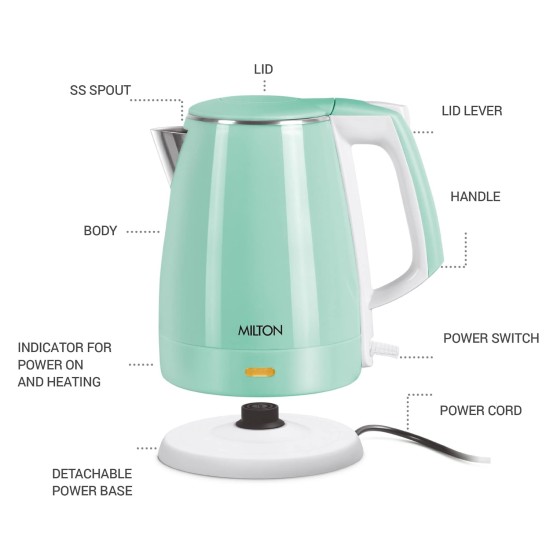 Milton Euroline Riga Electric 1.5 Stainless Steel Electric Kettle, 1 Piece, 1.5 Litres, Aqua Green, Power Indicator, 1500 Watts, Double Walled, Auto Cut-off