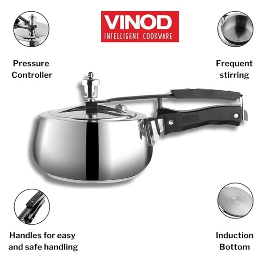 Vinod Europa Stainless Steel Inner Lid Pressure Cooker - 2 Litre | Handi Shape | Sandwich Bottom Cooker | Induction and Gas Base | ISI and CE certified 