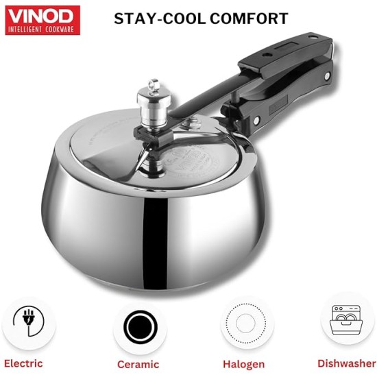 Vinod Europa Stainless Steel Inner Lid Pressure Cooker - 2 Litre | Handi Shape | Sandwich Bottom Cooker | Induction and Gas Base | ISI and CE certified 