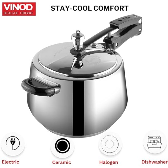 Vinod Europa Stainless Steel Inner Lid Pressure Cooker - 5 Litre | Handi Shape | Sandwich Bottom Cooker | Induction and Gas Base | ISI and CE certified