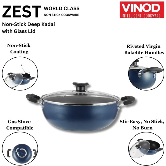 Vinod Zest Aluminium Non Stick Deep Kadhai with Glass Lid - 2 Litre, 20cm | 3 Layer Ceramic Coating | 3 mm Thick | Metal Spoon Friendly 