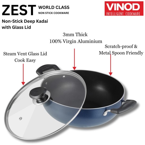 Vinod Zest Aluminium Non Stick Deep Kadhai with Glass Lid - 2 Litre, 20cm | 3 Layer Ceramic Coating | 3 mm Thick | Metal Spoon Friendly 