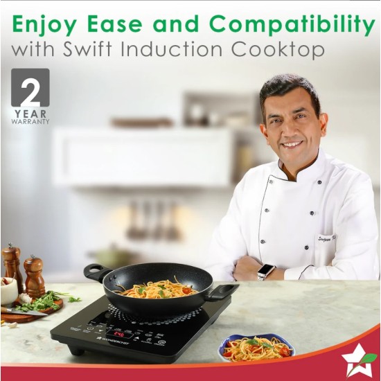 Swift Induction Cooktop with 8 Power Settings|2200 Watt Induction Cooktop| Pre-set Menus for Soups, Curries, Dals, Saute Masala|Crystal Glass Top Surface| LCD Digital Panel | Smart Touch Buttons|Compact & Portable Induction Cooktop| 2 Year Warranty