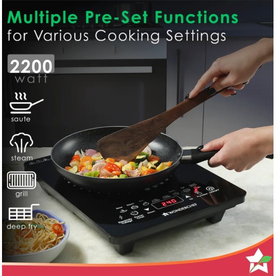 Swift Induction Cooktop with 8 Power Settings|2200 Watt Induction Cooktop| Pre-set Menus for Soups, Curries, Dals, Saute Masala|Crystal Glass Top Surface| LCD Digital Panel | Smart Touch Buttons|Compact & Portable Induction Cooktop| 2 Year Warranty