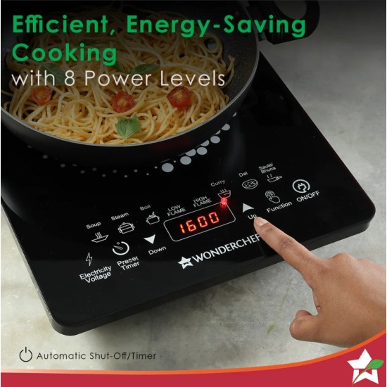 Swift Induction Cooktop with 8 Power Settings|2200 Watt Induction Cooktop| Pre-set Menus for Soups, Curries, Dals, Saute Masala|Crystal Glass Top Surface| LCD Digital Panel | Smart Touch Buttons|Compact & Portable Induction Cooktop| 2 Year Warranty