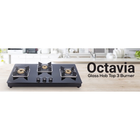 Wonderchef Octavia 3 Burner Glass Hob Top Manual Cooktop | 8mm Toughened Glass | Manual Ignition | Forged Brass Burners | Stainless Steel Drip Tray | Anti-Skid Legs | 2 Year Warranty