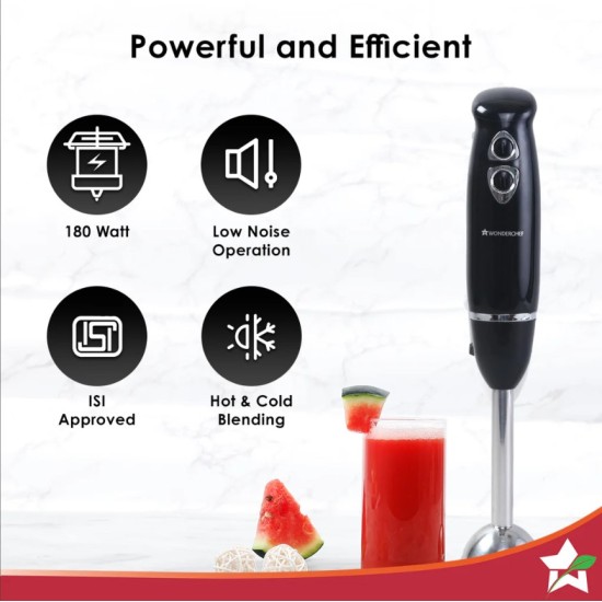 Wonderchef Prima Electric 180 W Hand Blender I PortableI Compact Easy Grip Body I Single Push Button Operation| Sharp Food Grade Anti Rust Stainless Steel Blades I 2 Years Warranty 