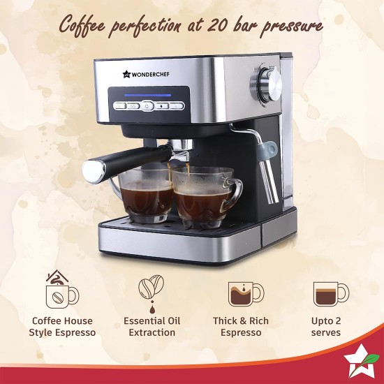 Wonderchef Regalia Espresso Coffee Maker 20 Bar | Ideal for Espresso, Cappuccino, Latté, Macchiato or Ristretto at Home | with Steamer Spout for Cappuccino & Latte | 2 Years Warranty | Steel