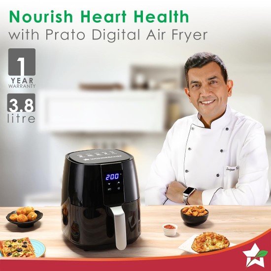 Prato Digital Air Fryer for Home and Kitchen with 5 Pre-set Menu|3.8 Litres Non-stick Basket| Fry, Grill, Bake & Roast| Rapid Air Technology| Auto Shut-Off| Healthy Cooking with 99% less Fat| Sleek & Compact| 1450 Wattage| Black|1 Year Warranty