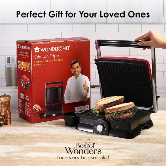 Wonderchef Sanjeev Kapoor Tandoor Family Size| Crimson Edge Electric Contact Grill & Sandwich Maker| Healthy Non-Stick Coating | LED Indicator| 2 Year Warranty| Red