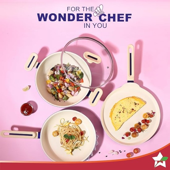 Wonderchef Bellagio Ceramic Non-stick 4 pc Cookware Set, Kadhai with Lid, Fry Pan & Dosa Tawa, Electric Blue, 2 Year warranty by Wonderchef