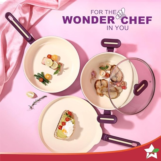 Wonderchef Bellagio Ceramic Non-stick 4 pc Cookware Set, Kadhai with Lid, Fry Pan & Dosa Tawa, Deep Purple, 2 Year warranty by Wonderchef