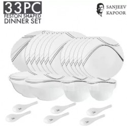 33 PC | White FESTON Shape | Dinner Set | Sanjeev Kapoor