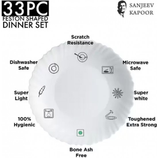 33 PC | White FESTON Shape | Dinner Set | Sanjeev Kapoor