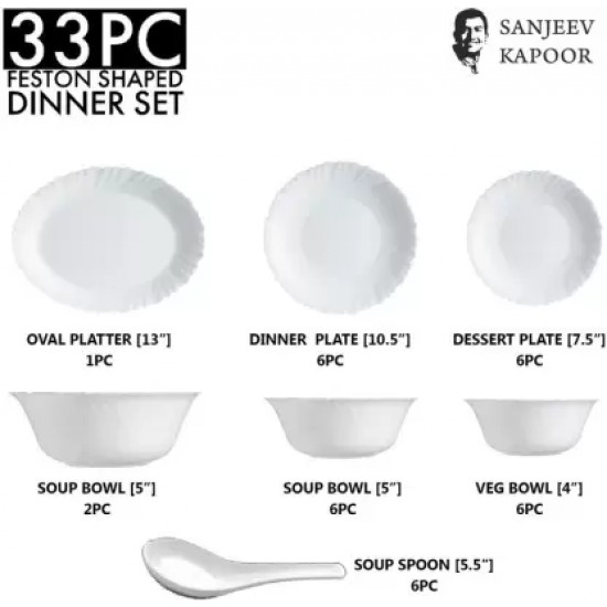 33 PC | White FESTON Shape | Dinner Set | Sanjeev Kapoor